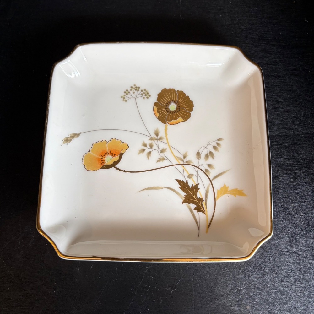 Vintage Otagiri Japan Golden Poppy Porcelain Trinket Dish Gold Rim Square 4.75in